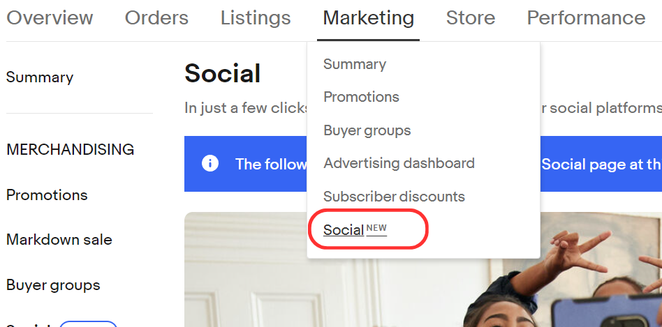 Seller HubからMarketingタブ内の「Social」をクリックする説明画像