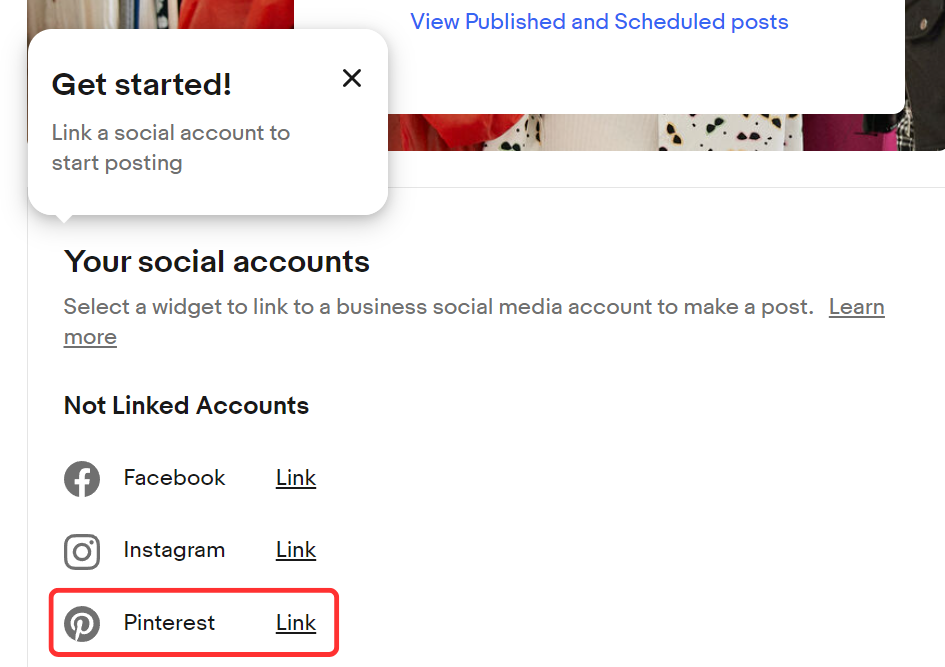  「Your social accounts」からPinterestの「Link」をクリックする説明画像